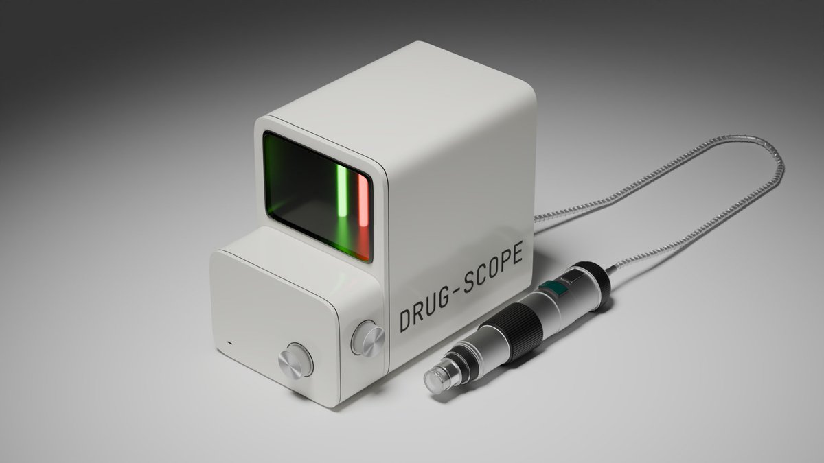 Public DRUG-SCOPE concept rendering showing an instrument enclosure and handheld optical probe.