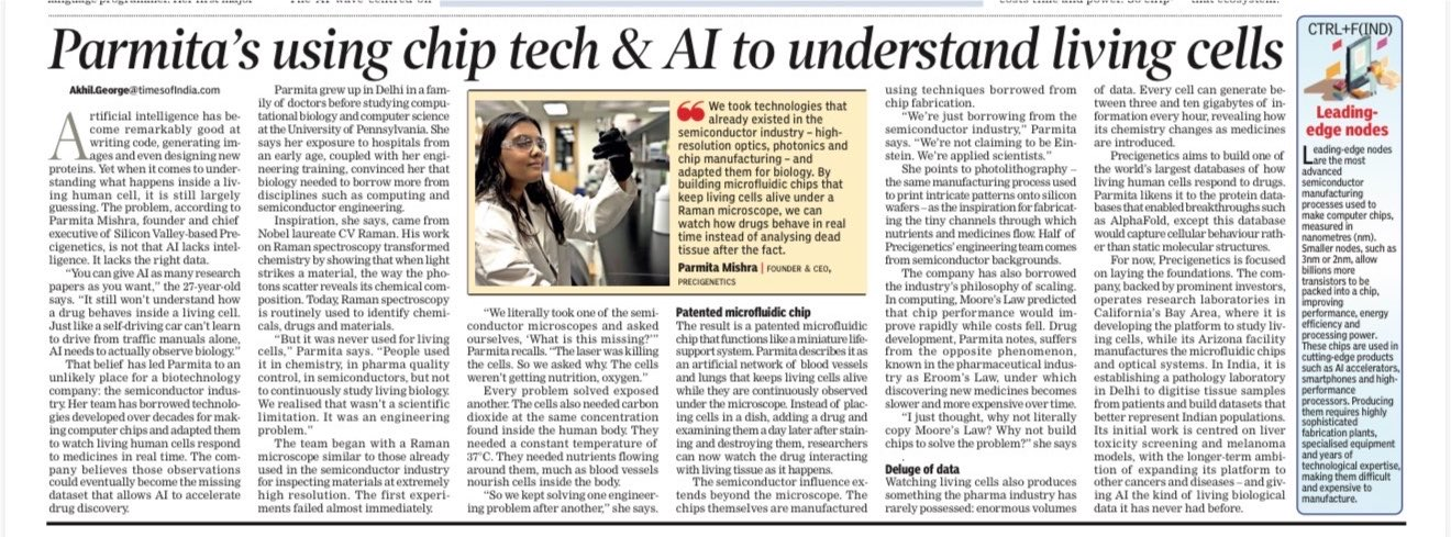The Times of India print feature: Parmita’s using chip tech and AI to understand living cells, by Akhil George.