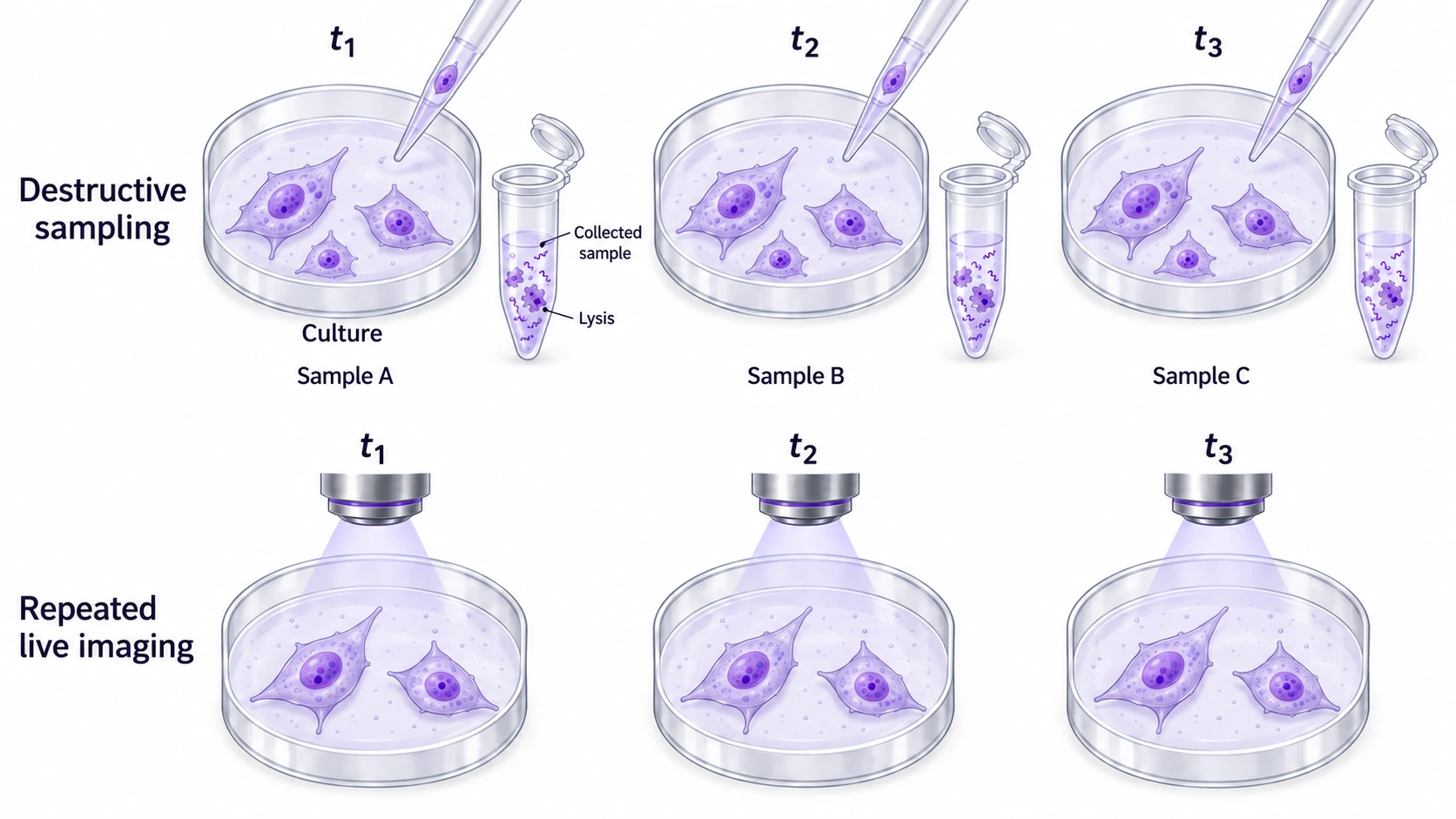 Top: separate cultures sampled at three times, cells collected into external tubes and lysed there. Bottom: repeated optical measurements of a retained living field.