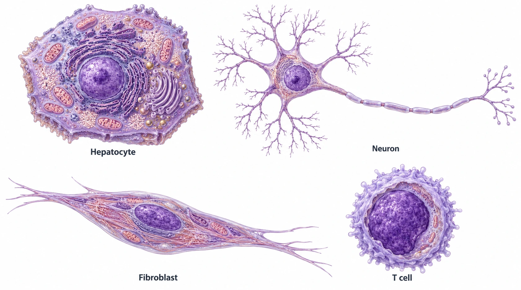 Detailed illustrations of a polygonal hepatocyte, branching neuron, spindle-shaped fibroblast and round T lymphocyte.