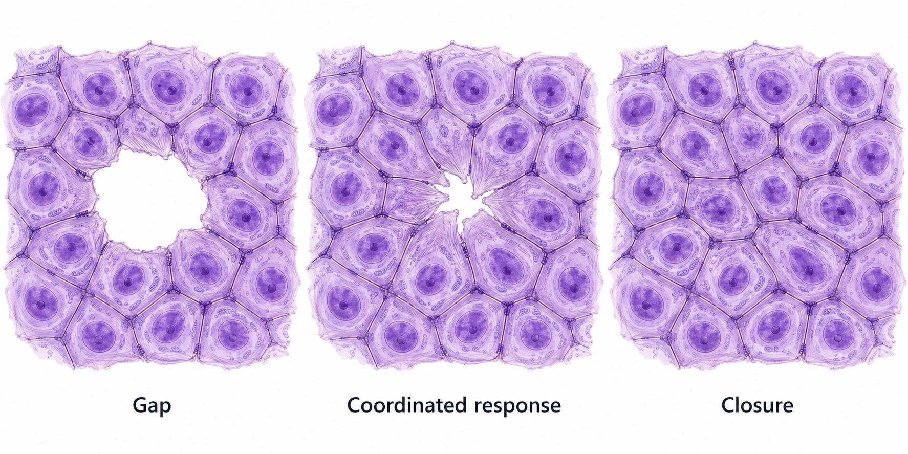 Three illustrated views of an epithelial sheet: an open gap, neighboring cells extending into the gap, and a continuous sheet after closure.