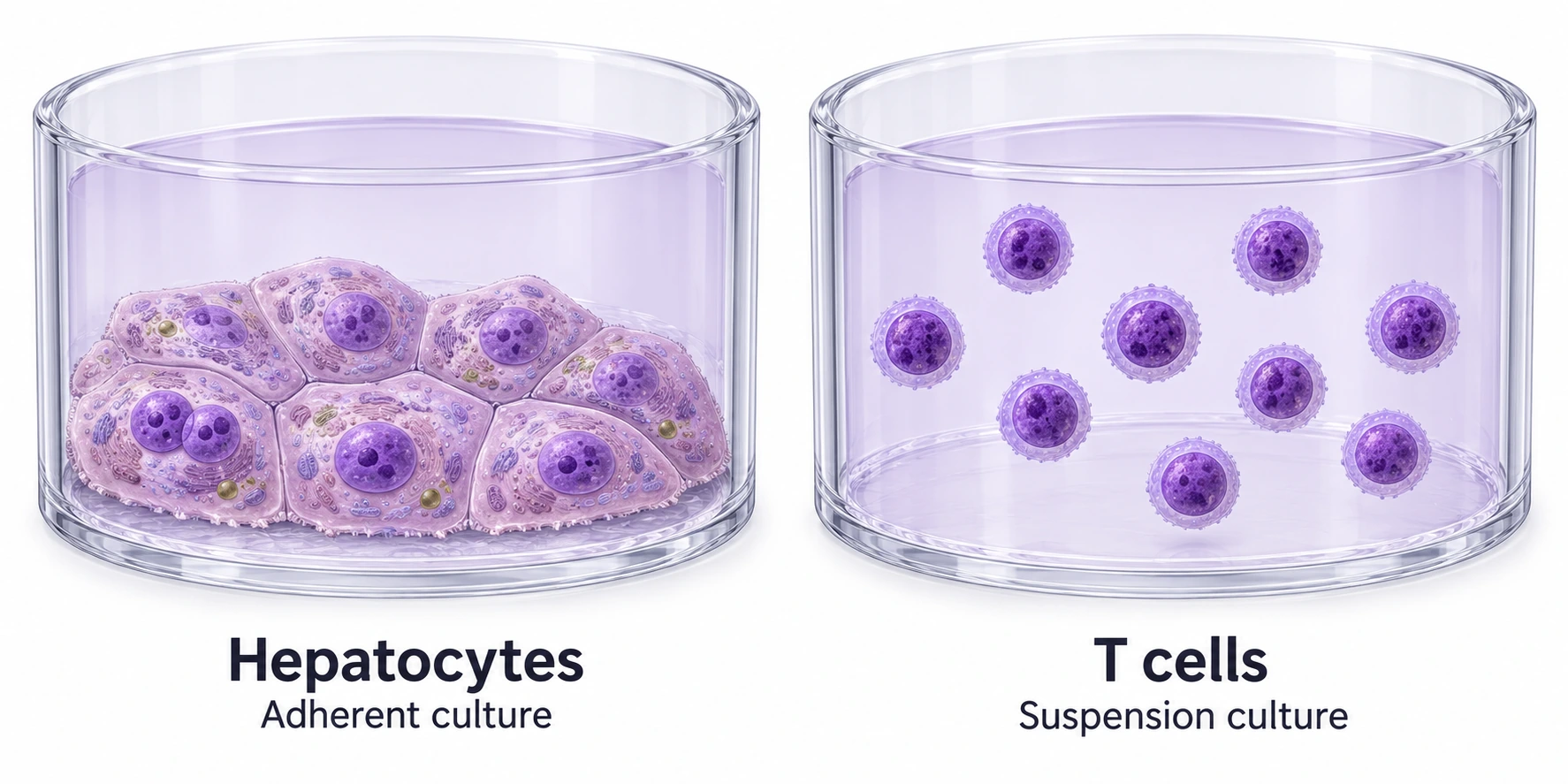 Hepatocytes attached in a sheet on a culture surface and T cells suspended in medium in a separate well.