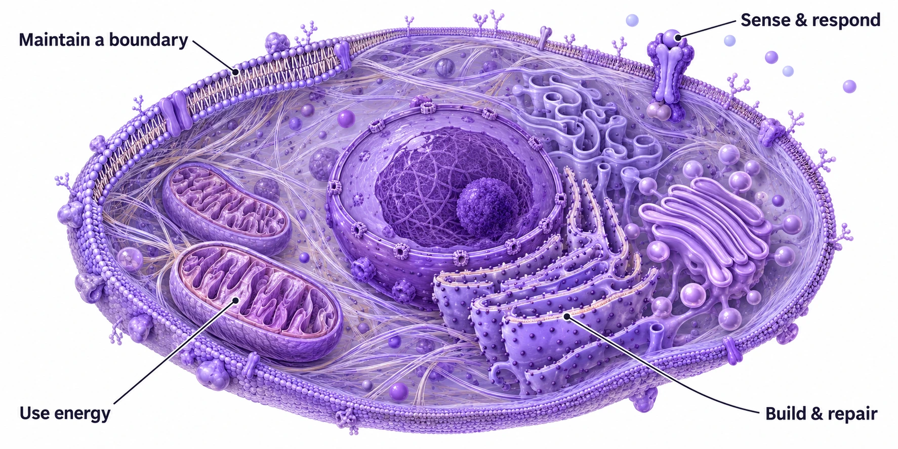Detailed animal-cell cutaway connecting four activities to cellular structures: maintain a boundary, use energy, build and repair, sense and respond.