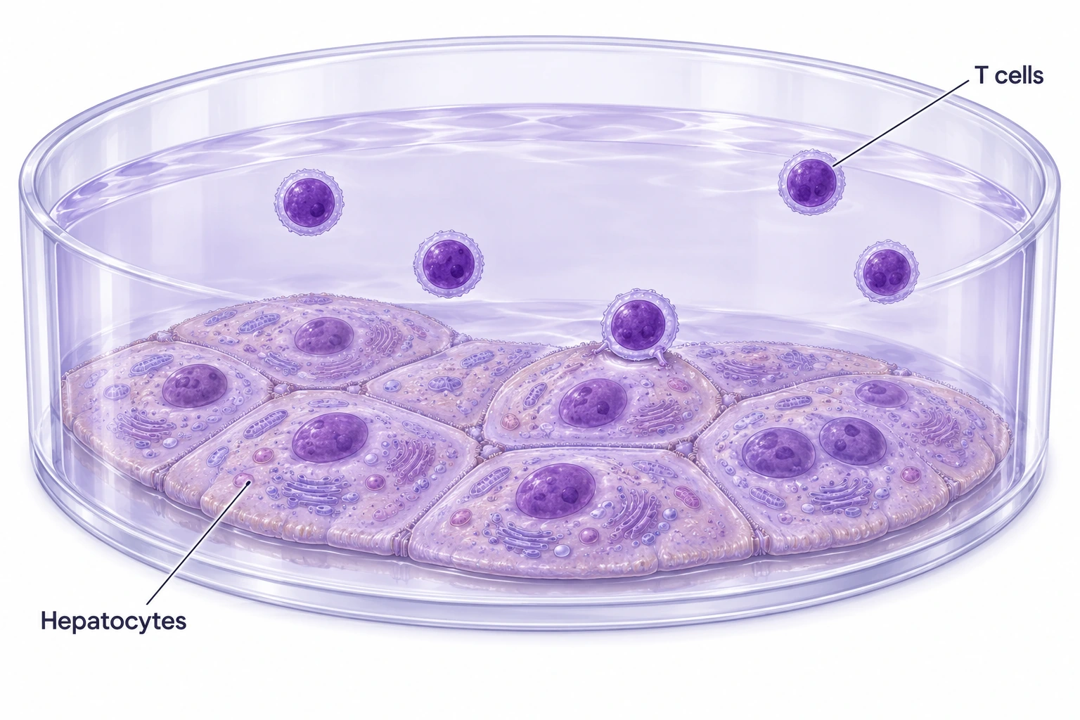 Conceptual mixed culture with a hepatocyte layer and T cells above and contacting it.