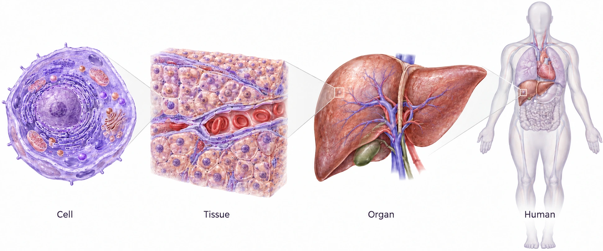 Anatomical zoom from one cell to organized tissue, a liver and a human body.