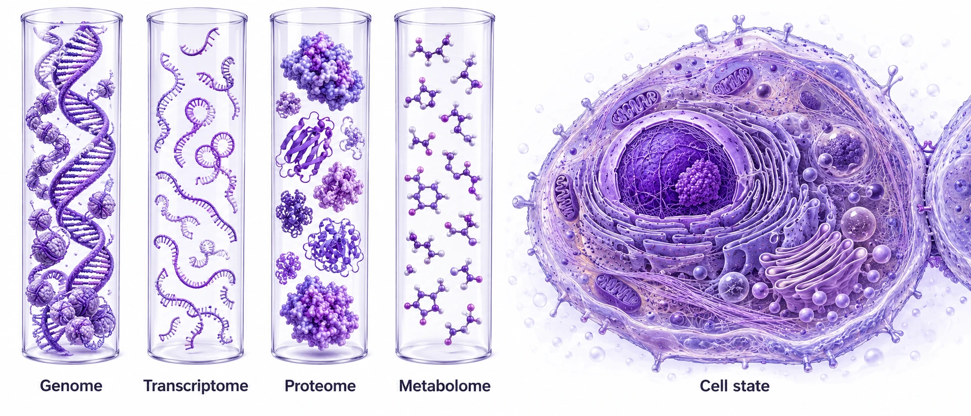 Four isolated molecular silos—genome, transcriptome, proteome and metabolome—beside one richly organized cell contacting a neighboring cell.