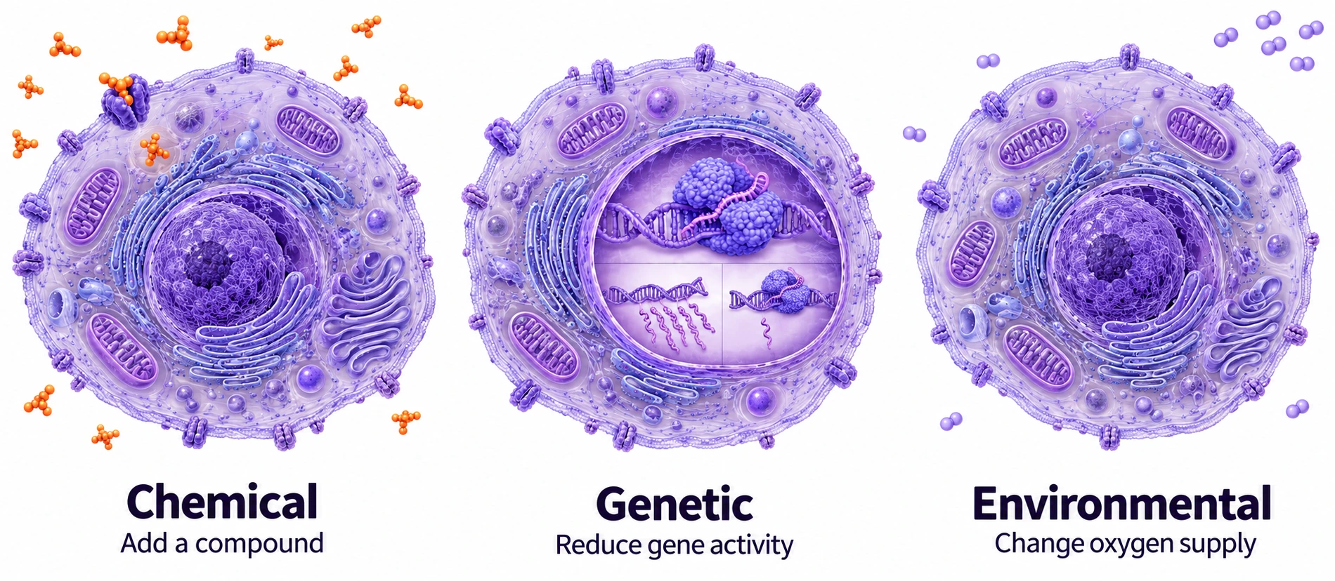 Three examples of interventions: adding a compound to cells, reducing a gene’s activity with CRISPR interference, and lowering oxygen supply.