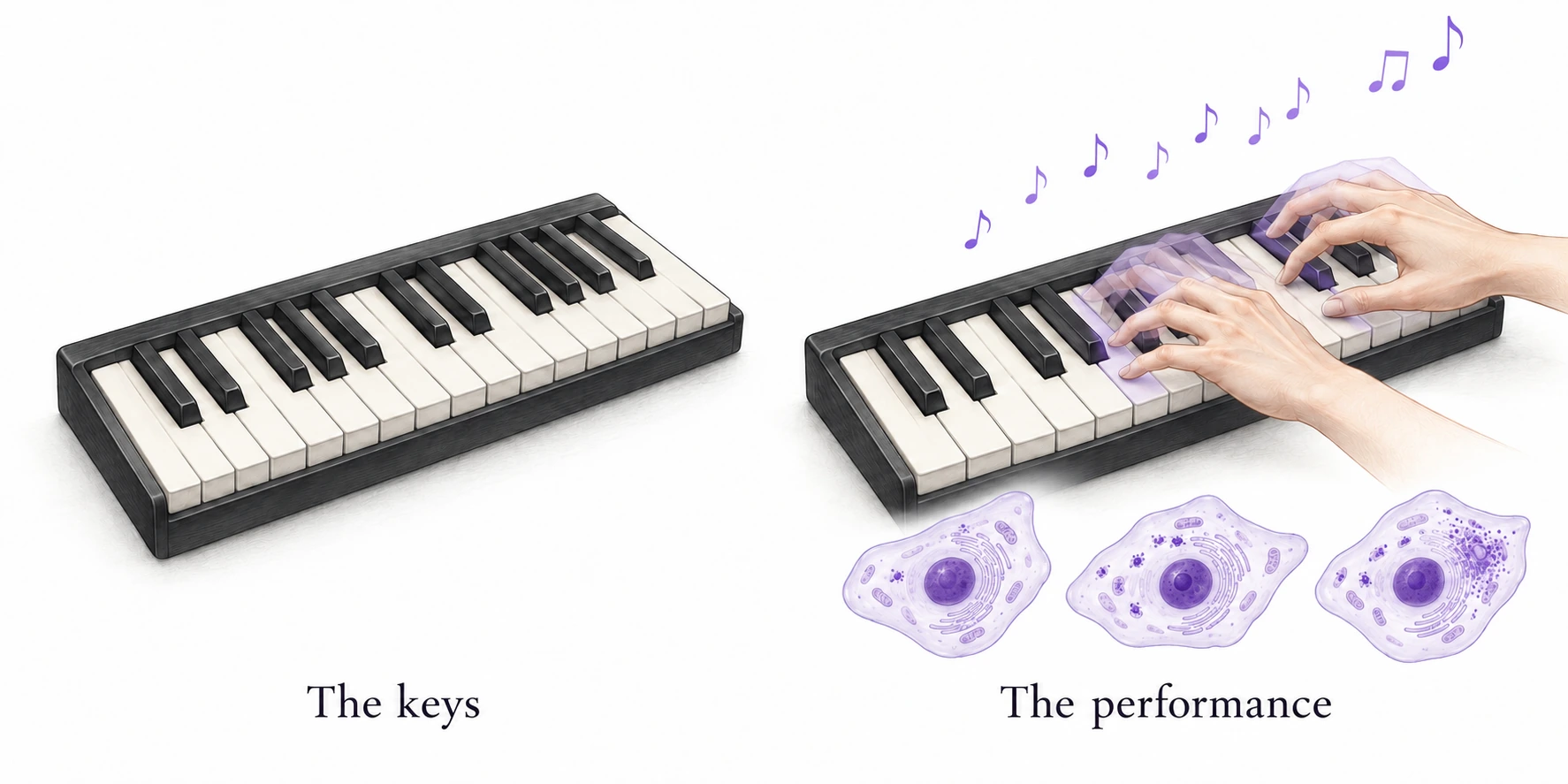 A keyboard and a keyboard being played, with small cell illustrations representing coordinated activity over time.